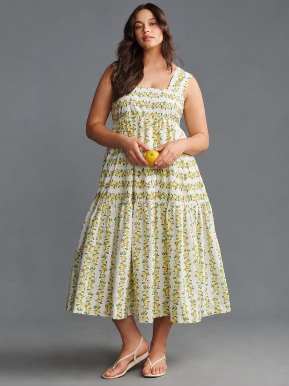 Anthropologie Dress Womens 1X Yellow Lemon Novelty Print Cotton Preppy Smocked